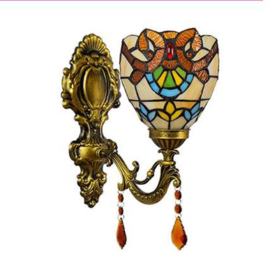 Lisslune | Victorian Bowl Wall Lighting with Crystal Decoration Stained Glass 1 Light Wall Mount Light