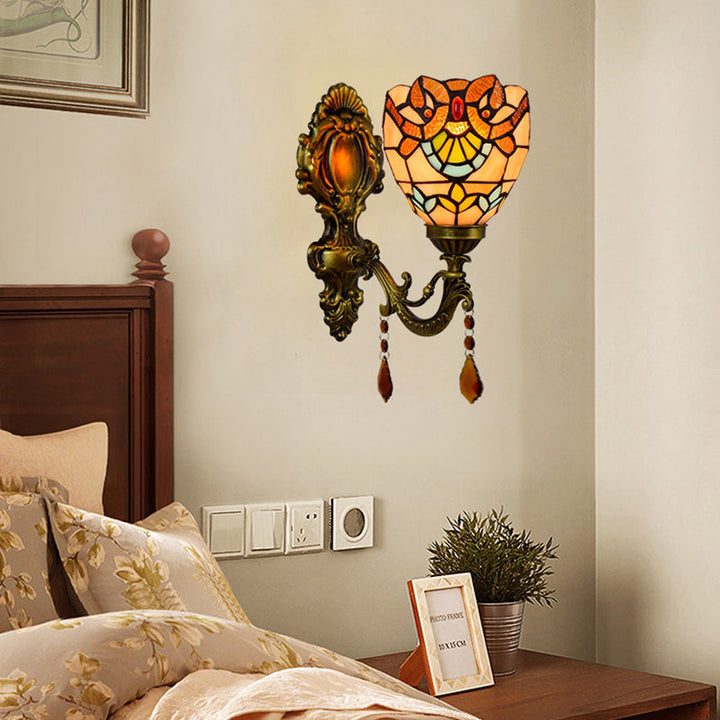 Lisslune | Victorian Bowl Wall Lighting with Crystal Decoration Stained Glass 1 Light Wall Mount Light