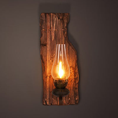 Lisslune | Tear-shaped Clear Glass Wall Lamp Industrial Single Bulb Bedroom Wall Lamp with Wooden Backplate