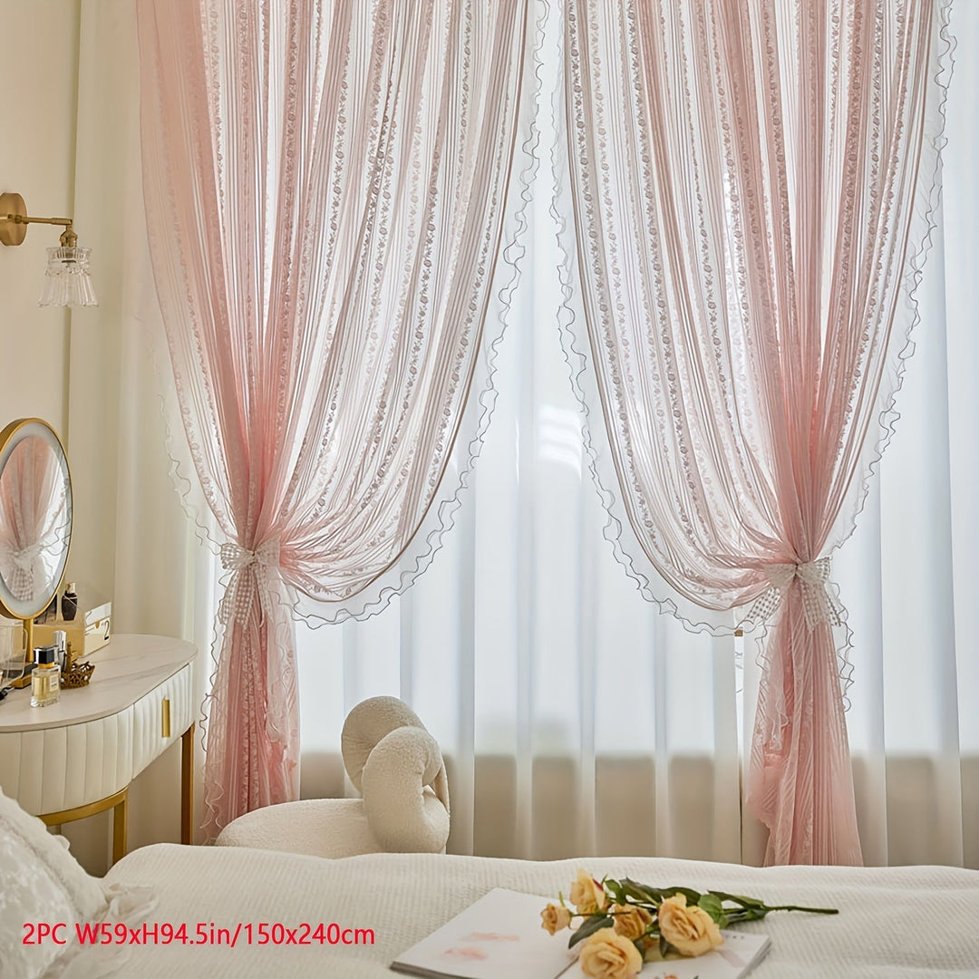 Rynx | 2pcs Pink Lace Ruffle Curtains] 2pcs Aifish Pink Lace Tulle Ruffle Curtains - Double Layer Beaded Voile with Curtain Rod Pocket, Romantic Window Decoration for Bedroom & Living Room, Polyester Fabric, Curtains for Bedroom