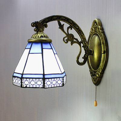 Lisslune | Vintage Cone Wall Light with Pull Switch Fluted Glass 1 Light Wall Lamp in Blue for Bedroom