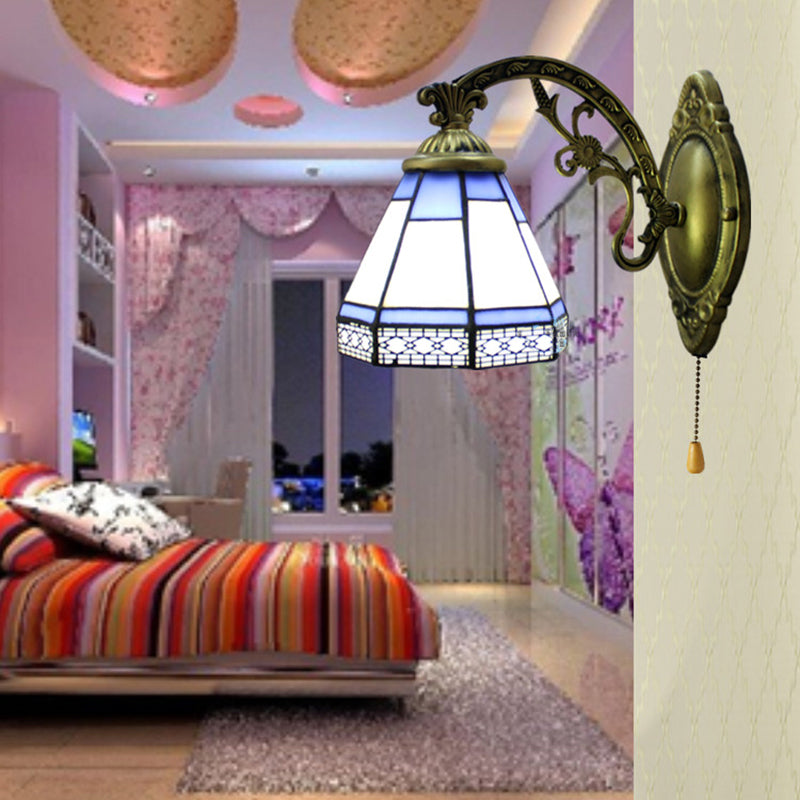 Lisslune | Vintage Cone Wall Light with Pull Switch Fluted Glass 1 Light Wall Lamp in Blue for Bedroom