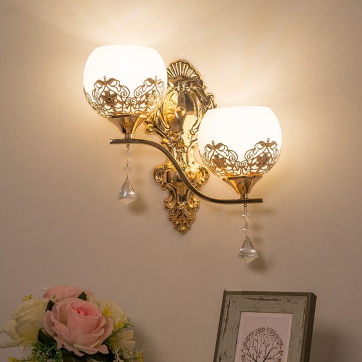 Lisslune | Contemporary Dome Wall Lamp Lighting Crystal 2 Lights Wall Mounted Lamp with Curved Arm in Gold