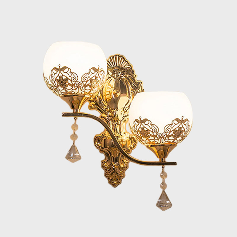 Lisslune | Contemporary Dome Wall Lamp Lighting Crystal 2 Lights Wall Mounted Lamp with Curved Arm in Gold