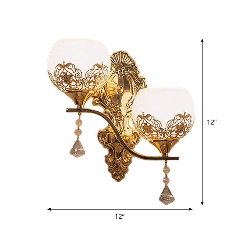 Lisslune | Contemporary Dome Wall Lamp Lighting Crystal 2 Lights Wall Mounted Lamp with Curved Arm in Gold
