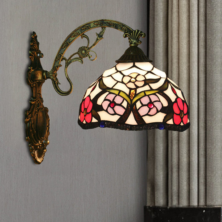 Lisslune | Bronze 1-Light Wall Lighting Fixture Tiffany Cut Glass Peony Pattern Bowl Wall Mount Light