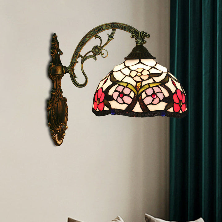 Lisslune | Bronze 1-Light Wall Lighting Fixture Tiffany Cut Glass Peony Pattern Bowl Wall Mount Light