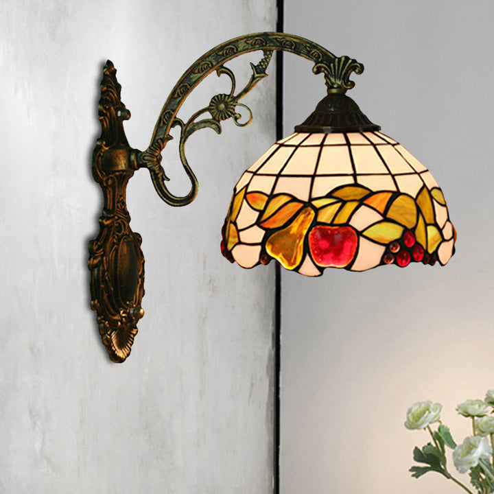 Lisslune | Bowl Shade Wall Mounted Lamp Tiffany Hand Cut Glass 1 Light Bulb Bronze Wall Light with Fruit Pattern