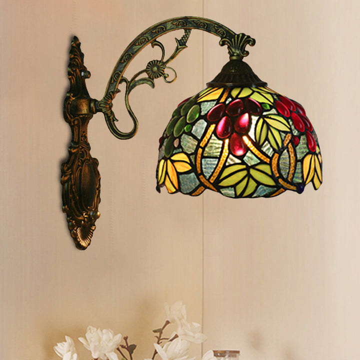 Lisslune | Tiffany Style Grapes Wall Light Sconce 1 Head Handmade Stained Glass Wall Mounted Lighting in Red/Green