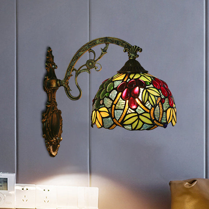 Lisslune | Tiffany Style Grapes Wall Light Sconce 1 Head Handmade Stained Glass Wall Mounted Lighting in Red/Green