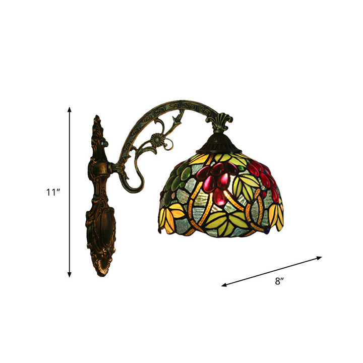 Lisslune | Tiffany Style Grapes Wall Light Sconce 1 Head Handmade Stained Glass Wall Mounted Lighting in Red/Green