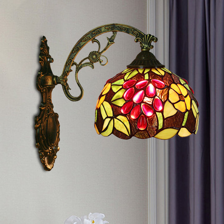 Lisslune | Tiffany Style Grapes Wall Light Sconce 1 Head Handmade Stained Glass Wall Mounted Lighting in Red/Green