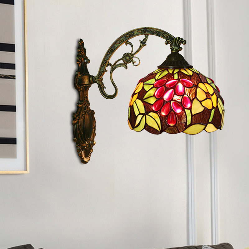 Lisslune | Tiffany Style Grapes Wall Light Sconce 1 Head Handmade Stained Glass Wall Mounted Lighting in Red/Green