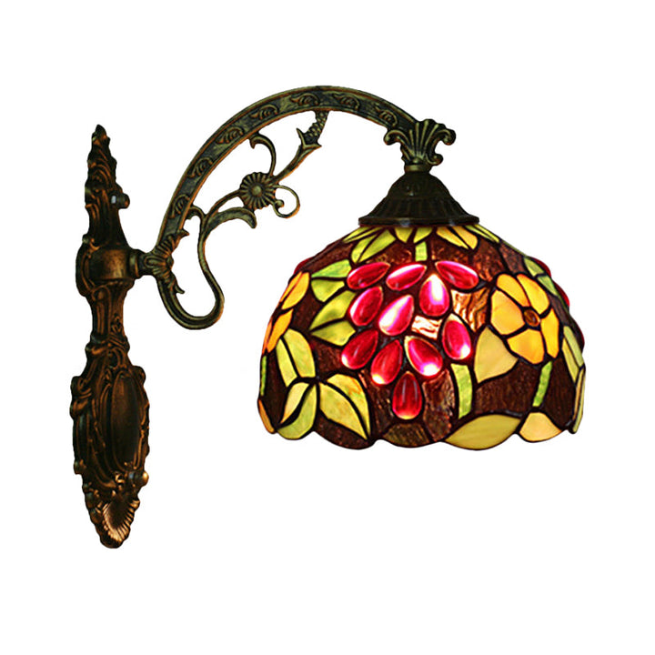 Lisslune | Tiffany Style Grapes Wall Light Sconce 1 Head Handmade Stained Glass Wall Mounted Lighting in Red/Green