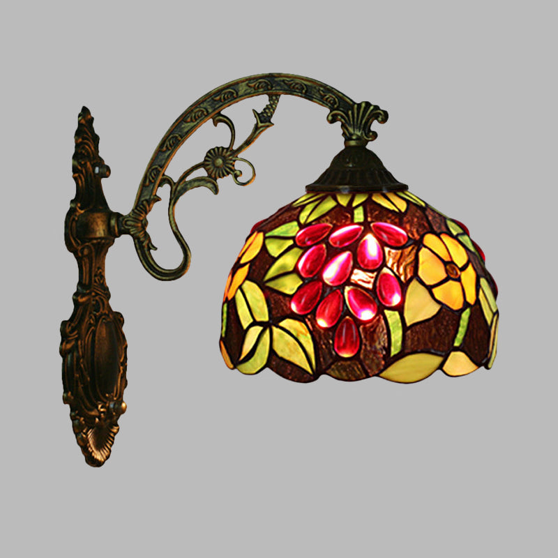 Lisslune | Tiffany Style Grapes Wall Light Sconce 1 Head Handmade Stained Glass Wall Mounted Lighting in Red/Green