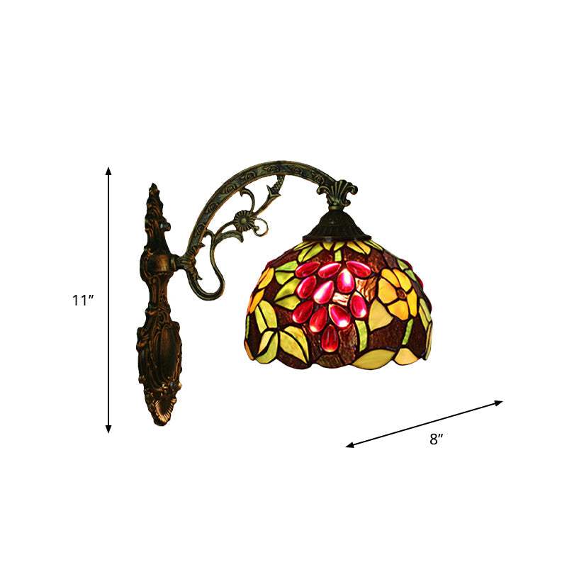 Lisslune | Tiffany Style Grapes Wall Light Sconce 1 Head Handmade Stained Glass Wall Mounted Lighting in Red/Green