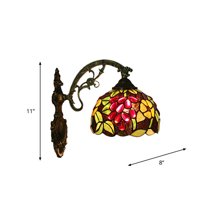 Lisslune | Tiffany Style Grapes Wall Light Sconce 1 Head Handmade Stained Glass Wall Mounted Lighting in Red/Green