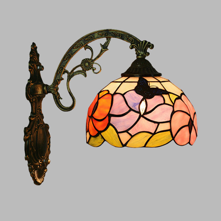 Lisslune | Single Butterfly and Peony Wall Floor Lamp Tiffany Bronze Stained Glass Wall Mount Lamp
