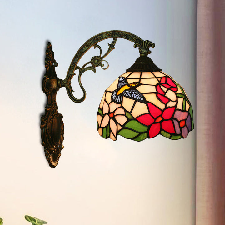 Lisslune | Handmade glass bronze wall lighting Magpie and flowers 1 head Tiffany wall lamp fixture