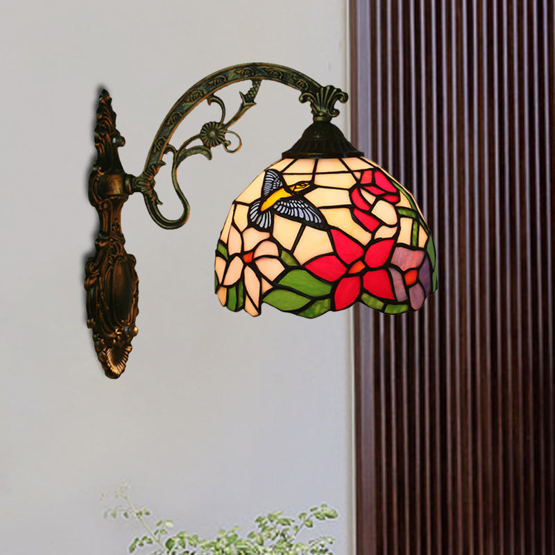 Lisslune | Handmade glass bronze wall lighting Magpie and flowers 1 head Tiffany wall lamp fixture