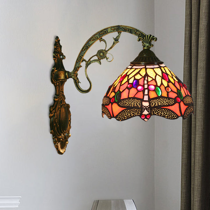 Lisslune | 1-Head Bedroom Wall Mounted Lamp Tiffany Bronze Wall Light with Cone Dragonfly Pattern Glass Shade