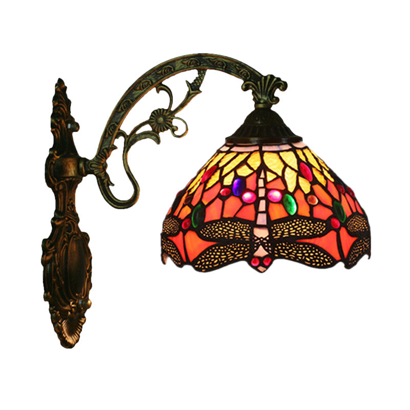 Lisslune | 1-Head Bedroom Wall Mounted Lamp Tiffany Bronze Wall Light with Cone Dragonfly Pattern Glass Shade