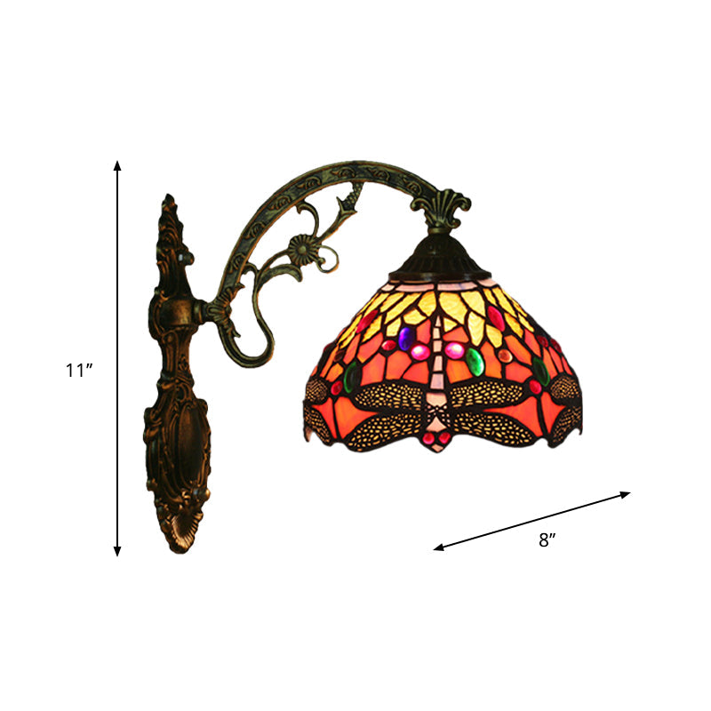 Lisslune | 1-Head Bedroom Wall Mounted Lamp Tiffany Bronze Wall Light with Cone Dragonfly Pattern Glass Shade