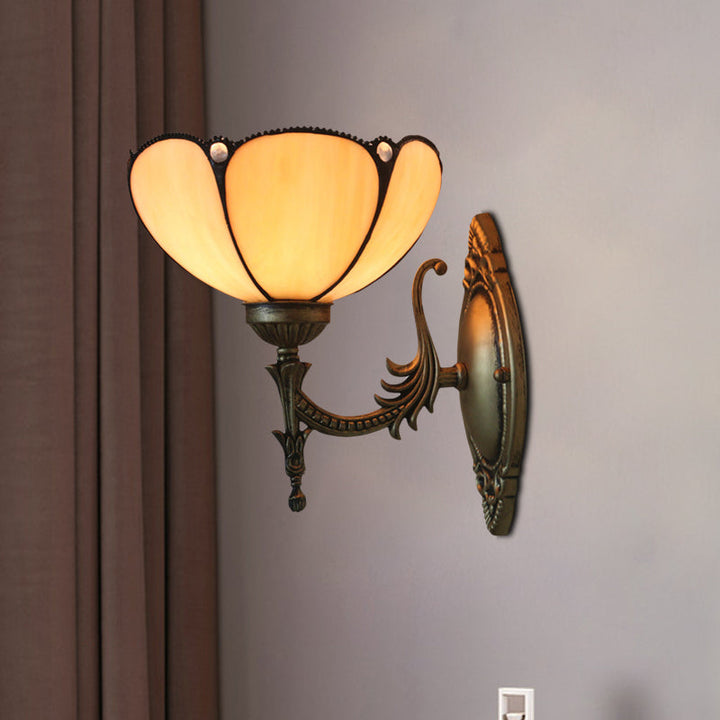 Lisslune | Flower/Bowl Wall-Mounted Light Tiffany Beige/Yellow Glass 1-Bulb Bronze Finish Wall Switch Light