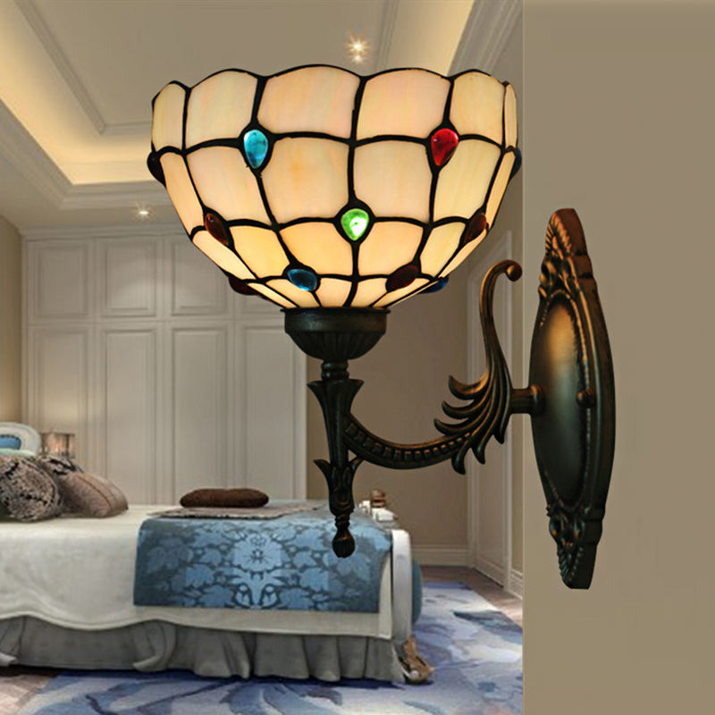 Lisslune | Flower/Bowl Wall-Mounted Light Tiffany Beige/Yellow Glass 1-Bulb Bronze Finish Wall Switch Light