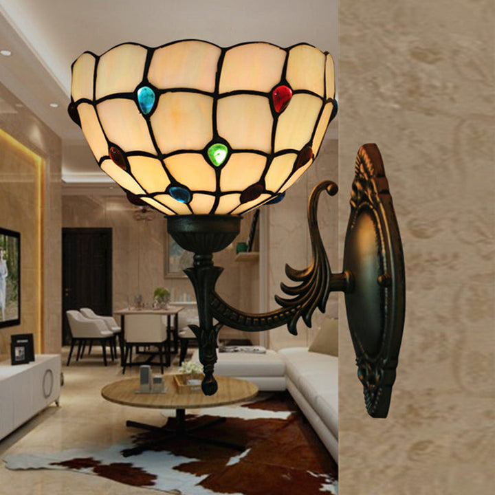 Lisslune | Flower/Bowl Wall-Mounted Light Tiffany Beige/Yellow Glass 1-Bulb Bronze Finish Wall Switch Light