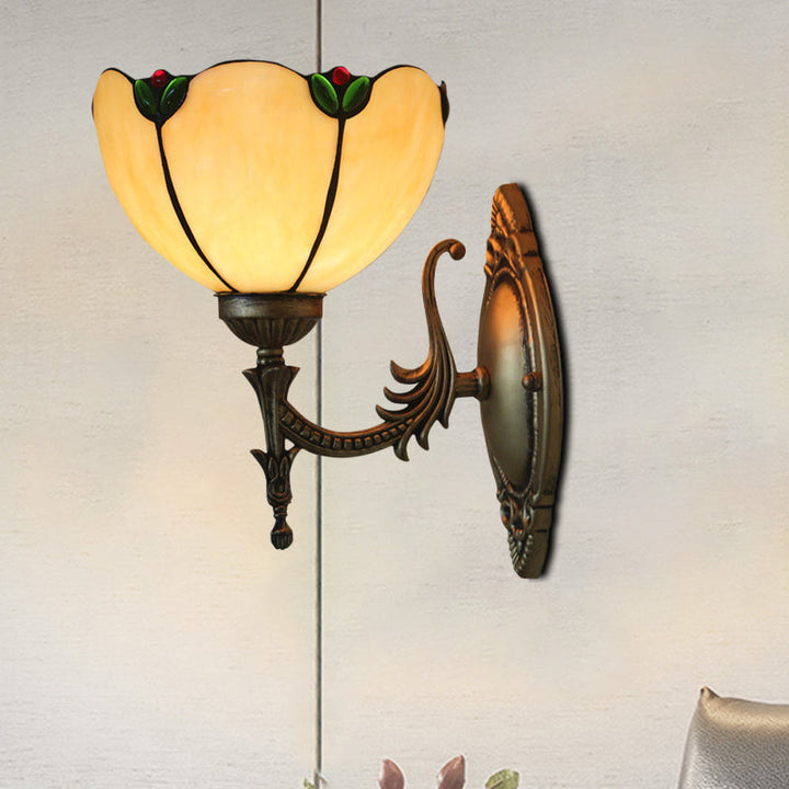 Lisslune | Beige Glass Bud Wall Lamp Vintage 1 Head Brass Finish Wall Light Fixture for Bedroom
