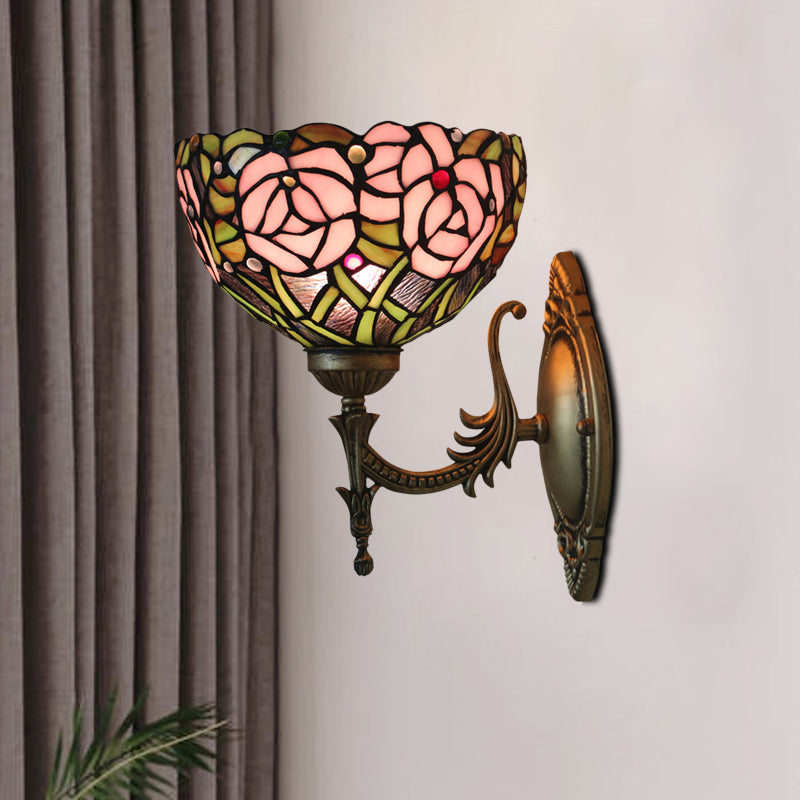 Lisslune | Pink Wall Mounted Lighting Tiffany 1 Lamp Glazed Glass Wall Lamp with Bronze Engraved Arm