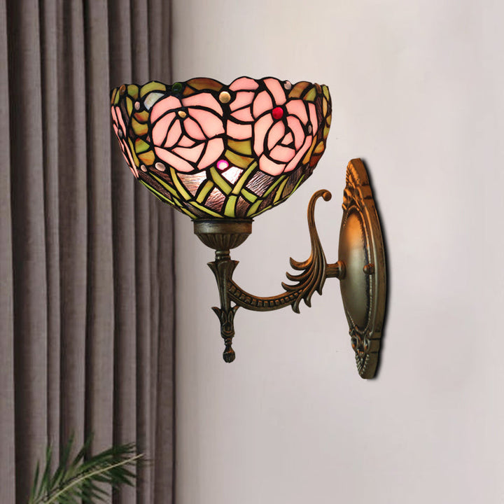 Lisslune | Pink Wall Mounted Lighting Tiffany 1 Lamp Glazed Glass Wall Lamp with Bronze Engraved Arm