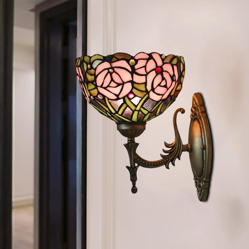Lisslune | Pink Wall Mounted Lighting Tiffany 1 Lamp Glazed Glass Wall Lamp with Bronze Engraved Arm