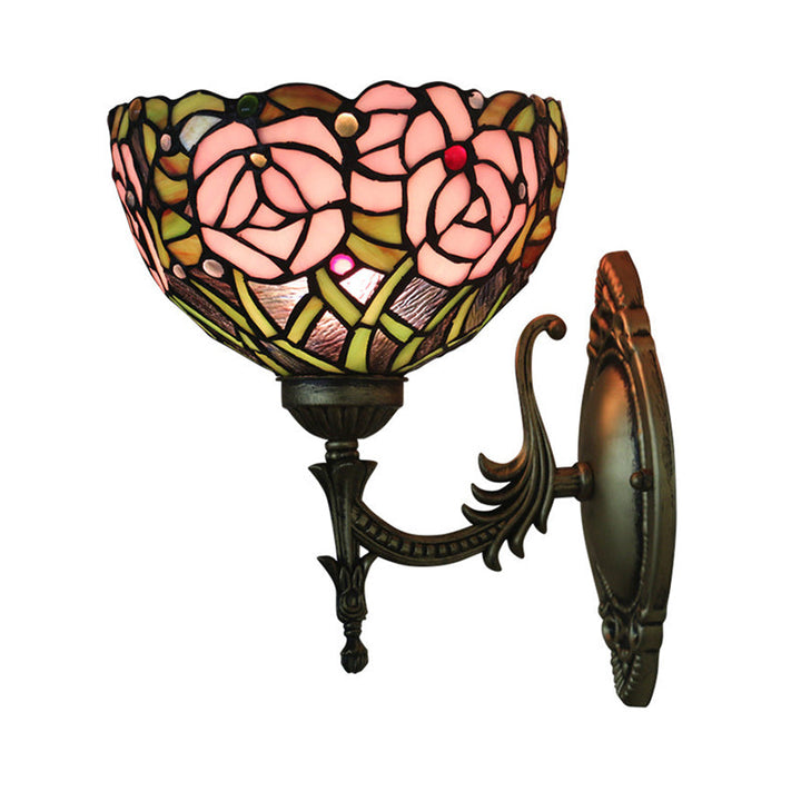 Lisslune | Pink Wall Mounted Lighting Tiffany 1 Lamp Glazed Glass Wall Lamp with Bronze Engraved Arm
