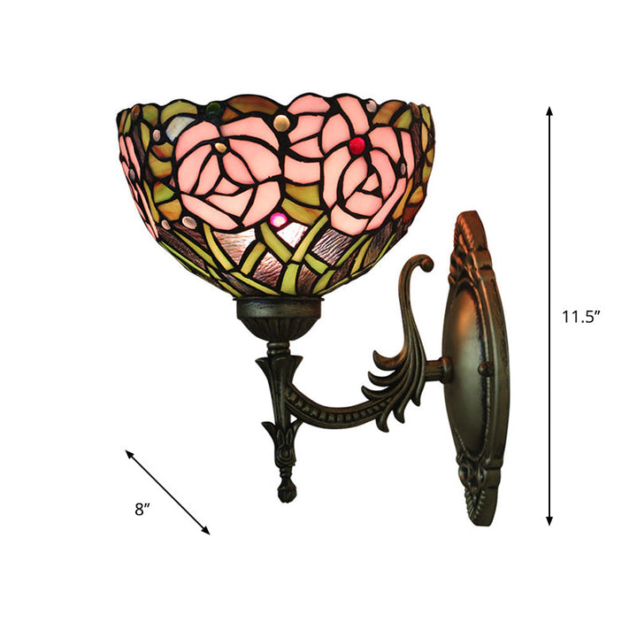 Lisslune | Pink Wall Mounted Lighting Tiffany 1 Lamp Glazed Glass Wall Lamp with Bronze Engraved Arm