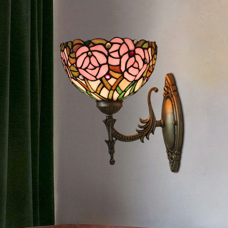 Lisslune | Pink Wall Mounted Lighting Tiffany 1 Lamp Glazed Glass Wall Lamp with Bronze Engraved Arm