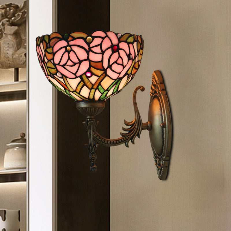 Lisslune | Pink Wall Mounted Lighting Tiffany 1 Lamp Glazed Glass Wall Lamp with Bronze Engraved Arm