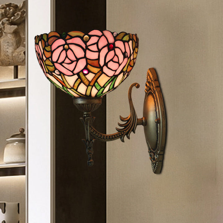 Lisslune | Pink Wall Mounted Lighting Tiffany 1 Lamp Glazed Glass Wall Lamp with Bronze Engraved Arm