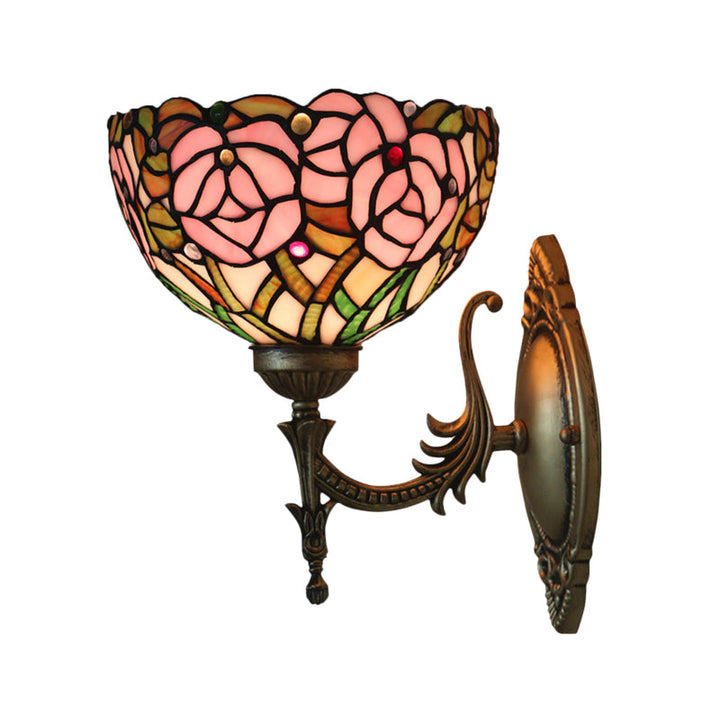 Lisslune | Pink Wall Mounted Lighting Tiffany 1 Lamp Glazed Glass Wall Lamp with Bronze Engraved Arm