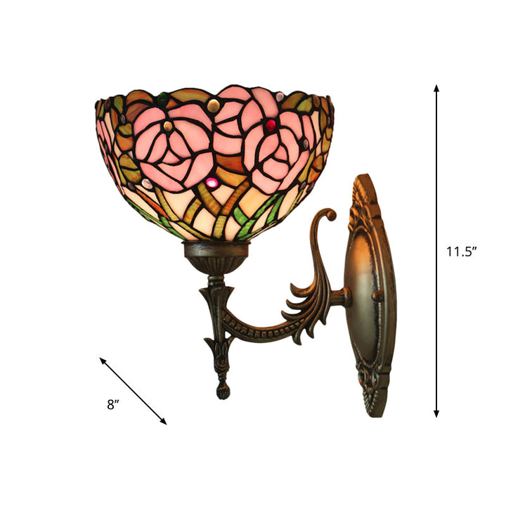 Lisslune | Pink Wall Mounted Lighting Tiffany 1 Lamp Glazed Glass Wall Lamp with Bronze Engraved Arm
