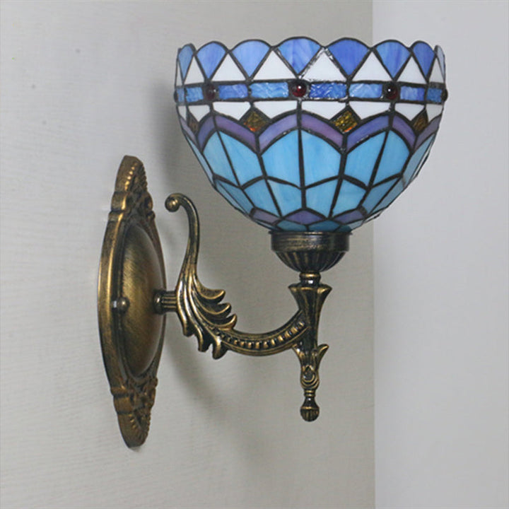 Lisslune | 1-Light Bedroom Wall Light Mediterranean Bronze Wall Sconce Fixture with Bowl Blue Glass Shade
