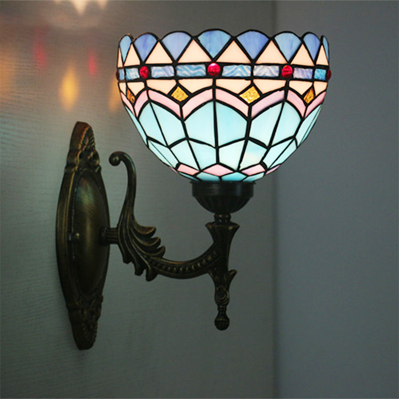Lisslune | 1-Light Bedroom Wall Light Mediterranean Bronze Wall Sconce Fixture with Bowl Blue Glass Shade