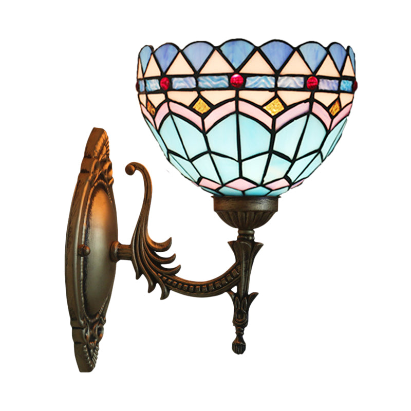 Lisslune | 1-Light Bedroom Wall Light Mediterranean Bronze Wall Sconce Fixture with Bowl Blue Glass Shade