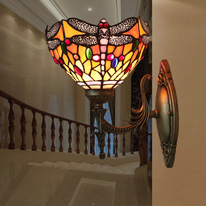 Lisslune | Dragonfly Wall Lighting Ideas Tiffany Pressed Glass 1 Lamp Bronze Wall-mounted Light