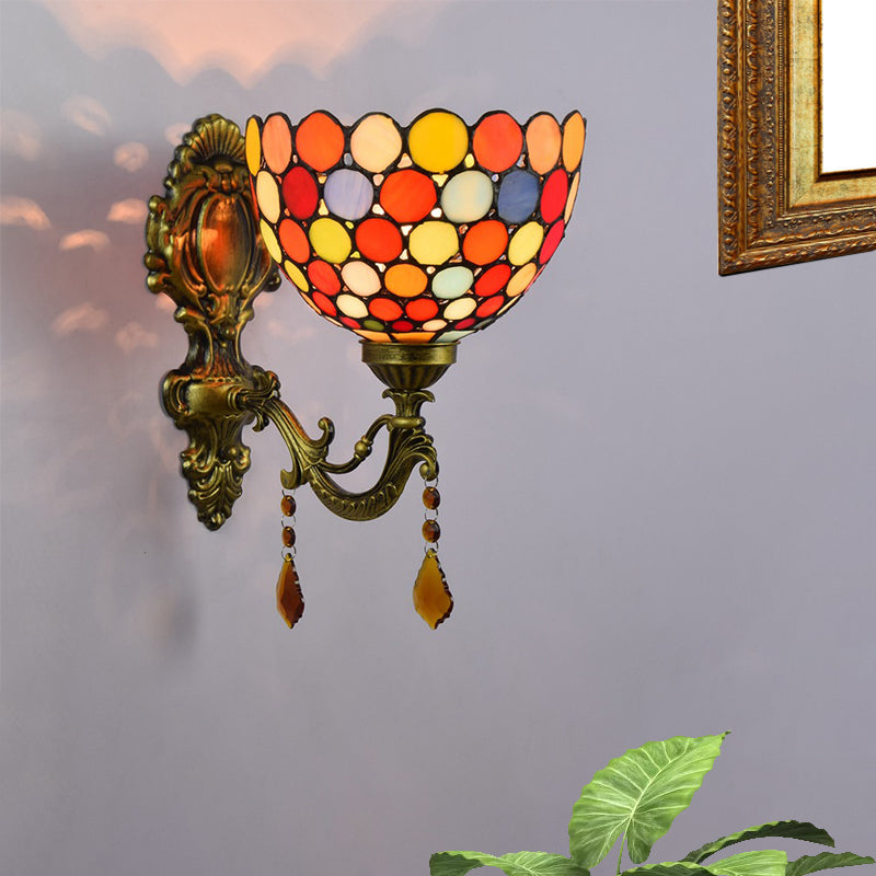 Lisslune | Stained Glass Circles Wall Lamp Tiffany Single-Ball Brass Wall Lamp With Dangles