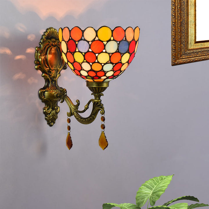 Lisslune | Stained Glass Circles Wall Lamp Tiffany Single-Ball Brass Wall Lamp With Dangles