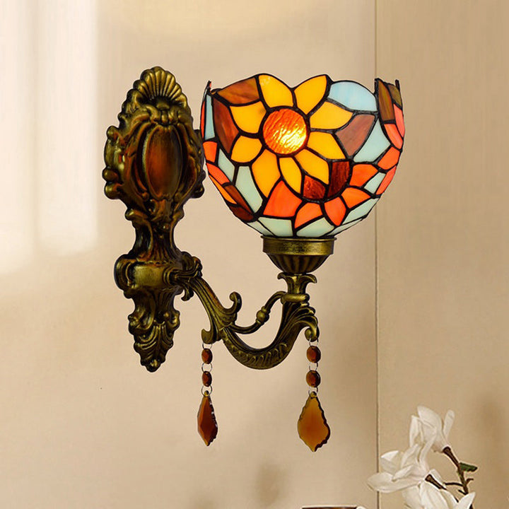 Lisslune | Handcrafted Stained Glass Brass Wall Lamp Sunflower 1-Light Tiffany Wall Mount Fixture