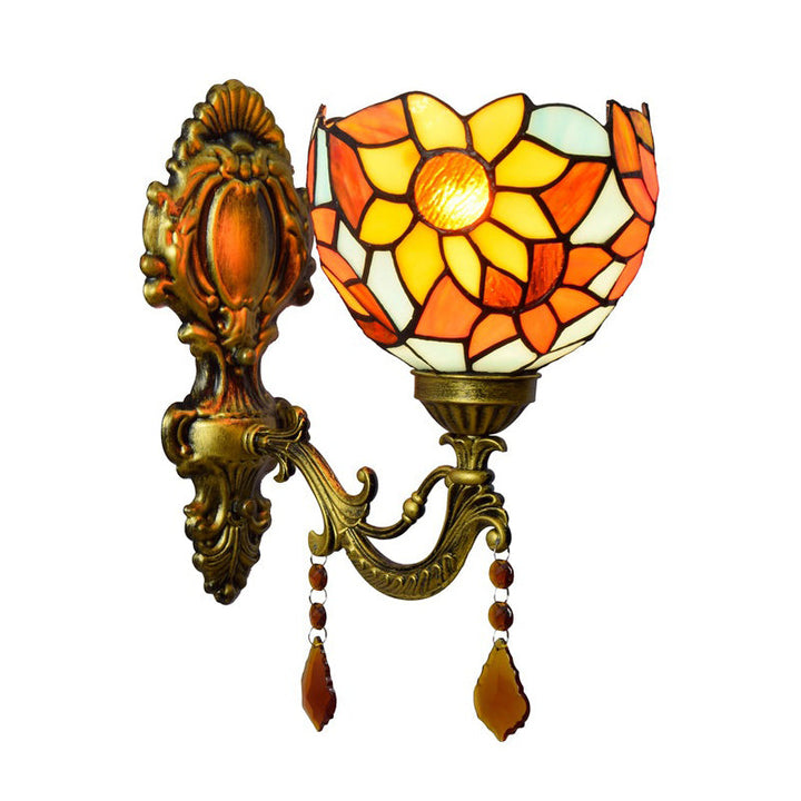 Lisslune | Handcrafted Stained Glass Brass Wall Lamp Sunflower 1-Light Tiffany Wall Mount Fixture