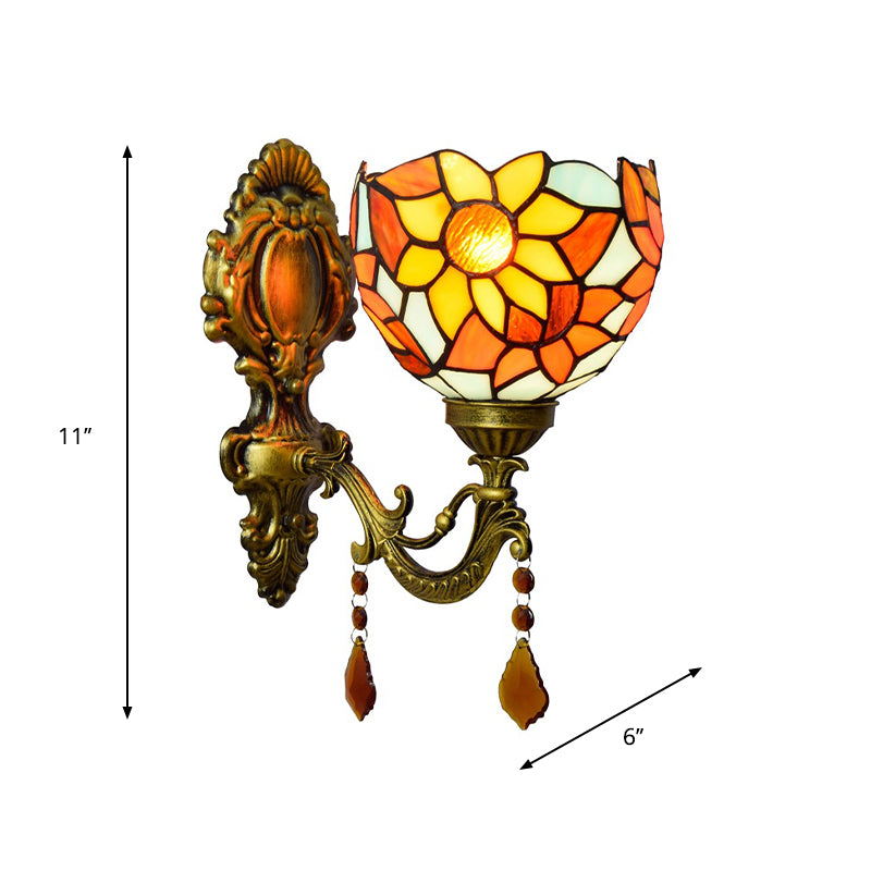 Lisslune | Handcrafted Stained Glass Brass Wall Lamp Sunflower 1-Light Tiffany Wall Mount Fixture